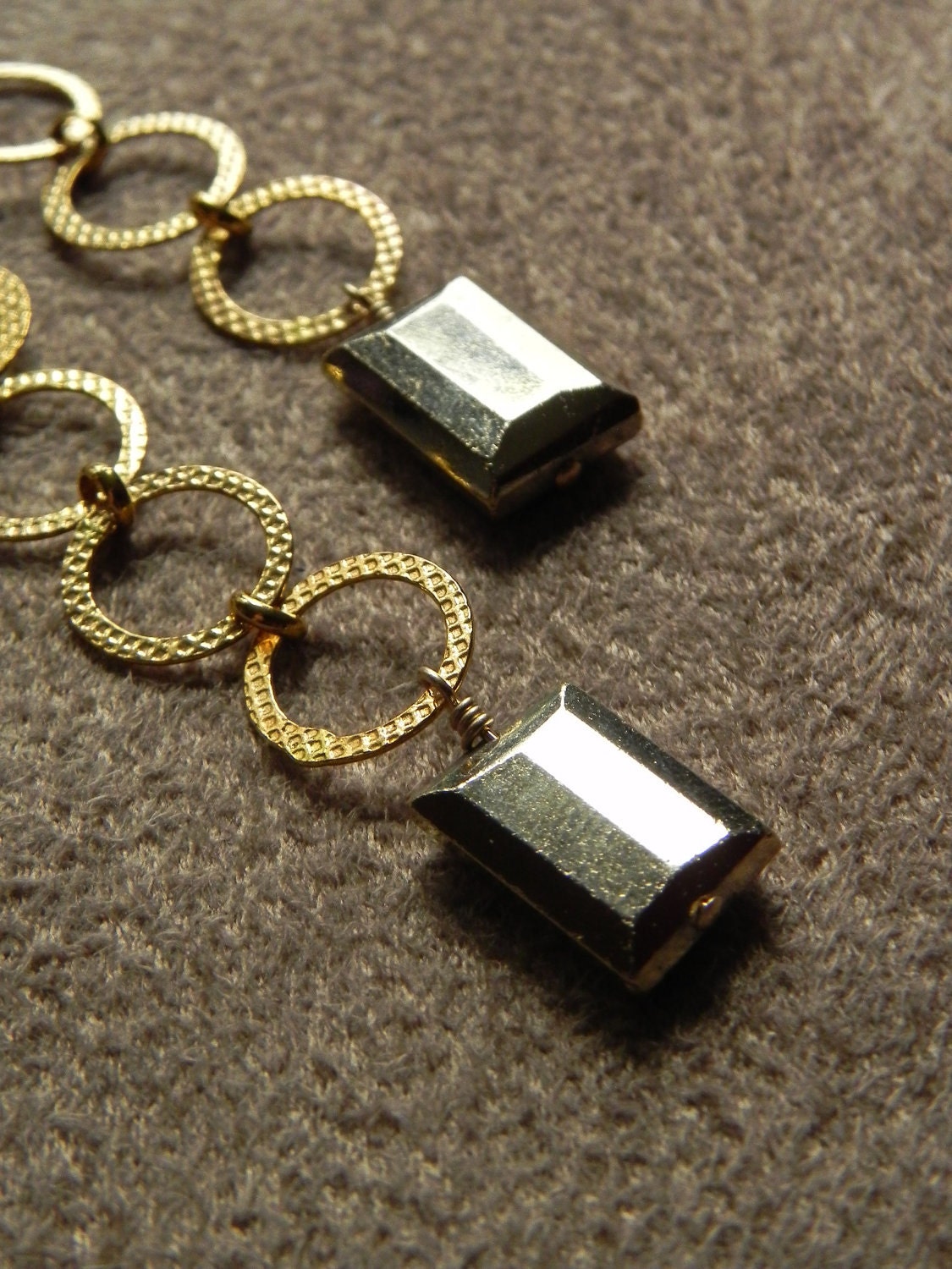 SALE  Faceted Pyrite and Hammerd Gold Filled Circle Link Statement Earrings SALE