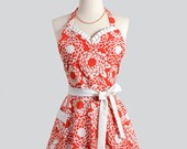 Womens Sweetheart Hostess Apron - Sexy Retro Ruffled Sweetheart in Red and Creamy White Floral