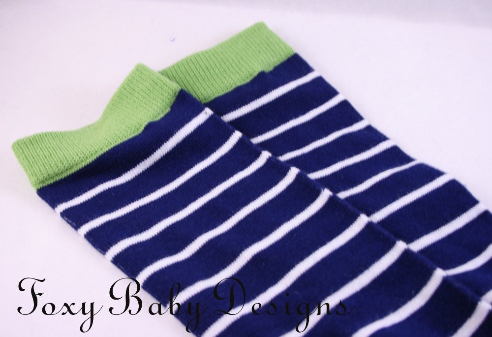 Striped Navy and White with Green Trim Leg Warmers FOXY LEGS Ready to ship