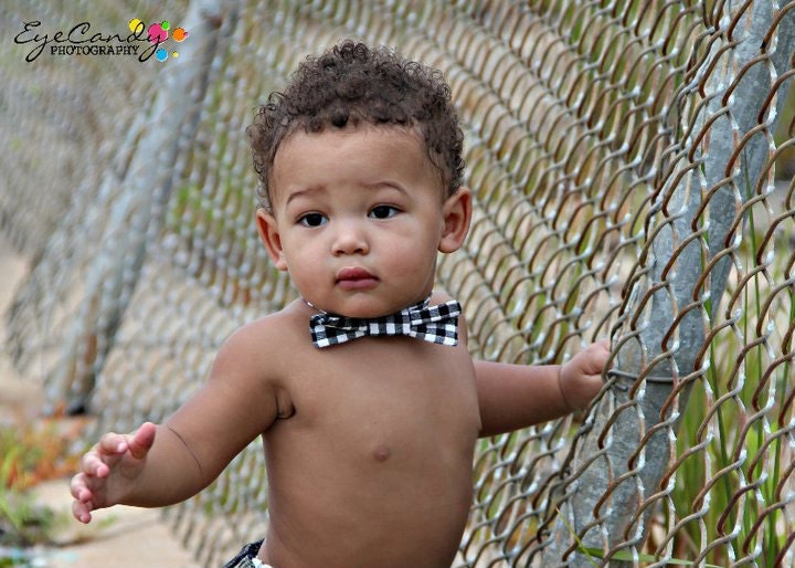 Classic Black & White Gingham Printed Boys Bow Tie - Clip on OR Velcro