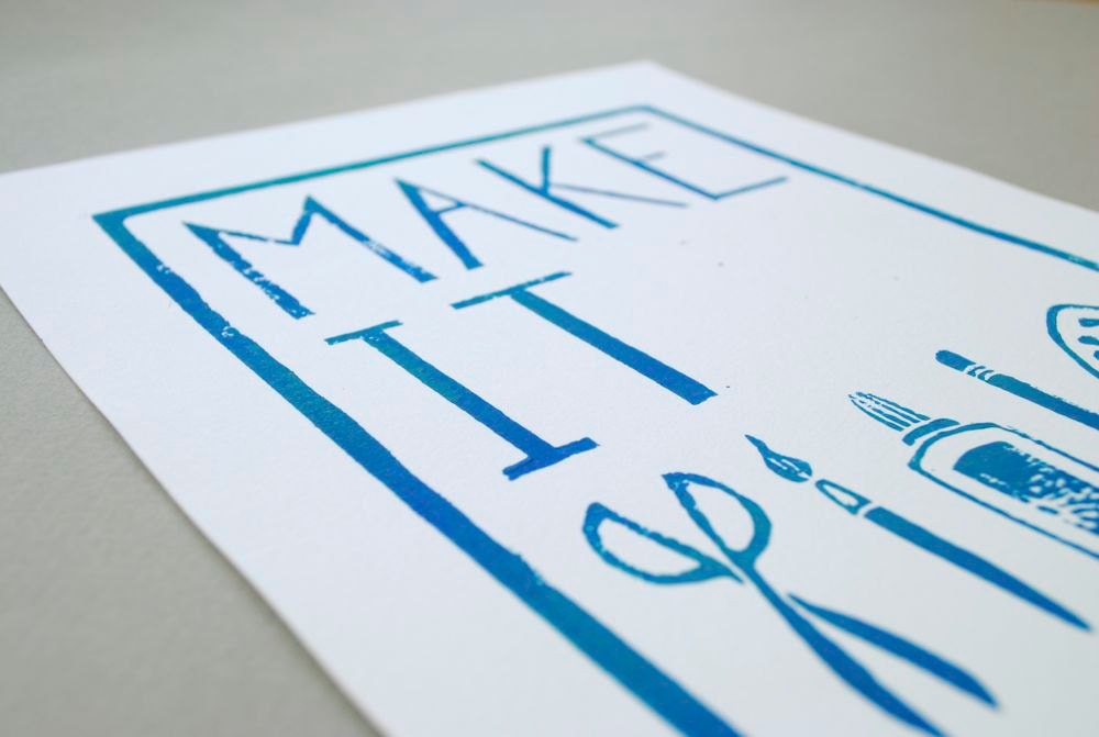 Block Print- "Make It" Craft Poster - 8 x 10 inches Blue and White