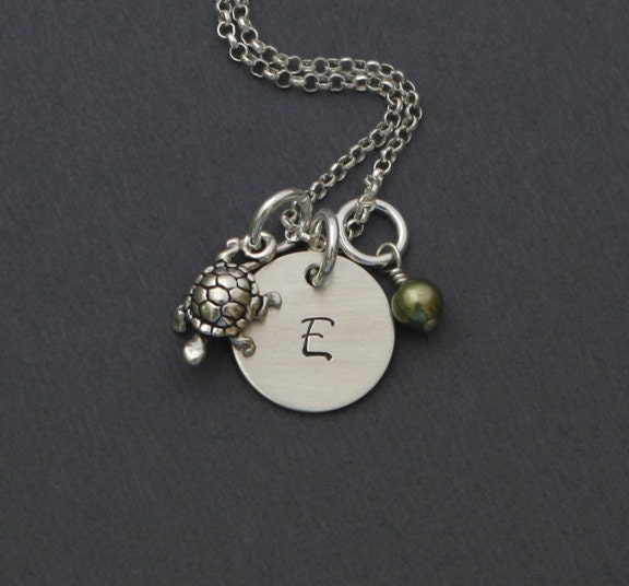 My Petite Turtle Initial Necklace - Hand Stamped Sterling Silver Turtle Tortoise Necklace
