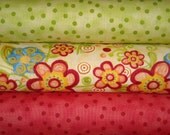 Save on 3 Yard Fabric Bundle Happy Kiwi Dots, Red Dots and Yellow Floral Polka Dot Garden