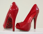 Sexy Red Patent Leather Peep Toe Stilettos, With Hand Painted Zebra Soles, Women's Size 7, 7.5, 8 & 8.5