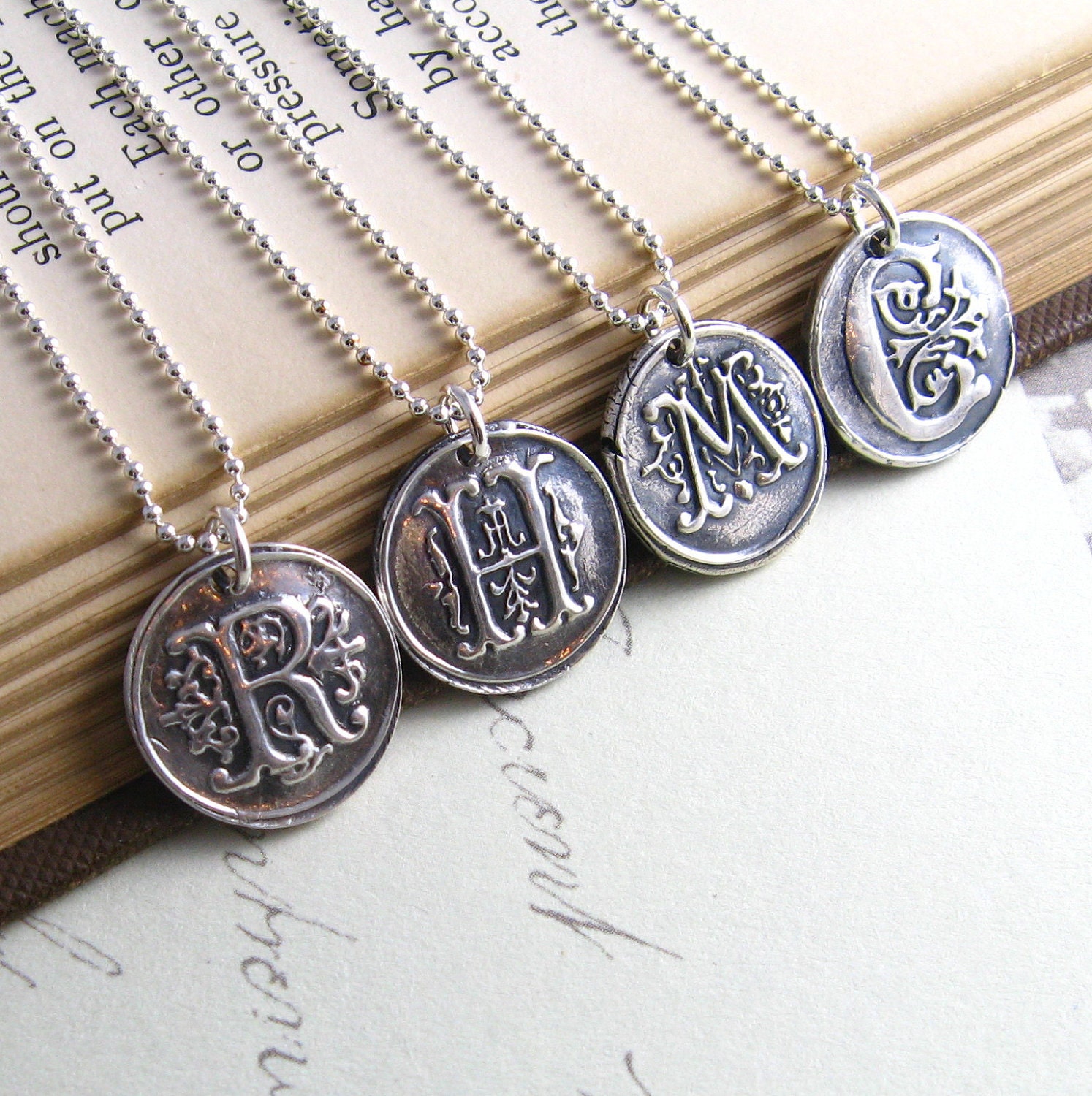 Wax Seal Silver Monogram Bridesmaid Silver Initial Necklace Personalized Bridesmaid Gift Vintage Inspired Fine Silver PMC Set of 4