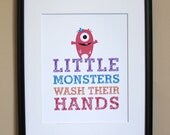 Monster Bathroom Art, Little Monsters Wash Their Hands (Girl), 8x10, Unframed