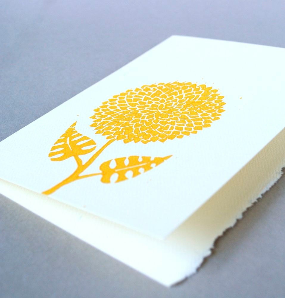 Dahlia Blank Notecards - Sunny Yellow Floral Linocut - 5 x 7 inches