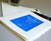 I Less Than Three You Blue Block Print Card Linocut Notecard 5 x 7 inches