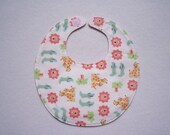 Baby bib, four soft layers, reversible, white with zoo amimals