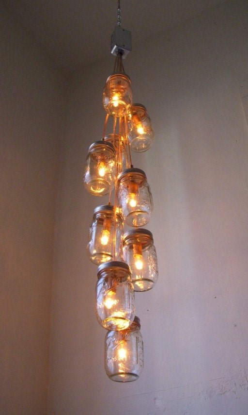 Comet's Tail - Mason Jar Chandelier Hanging Pendant Lighting Fixture - Rustic UpCycled Wedding Eco Friendly Gift BootsNGus Lamp Design