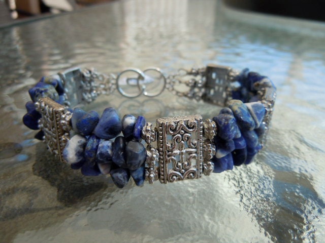 Triple Strand Sliver and Deep Blue and White Lapis Gemstone Bracelet