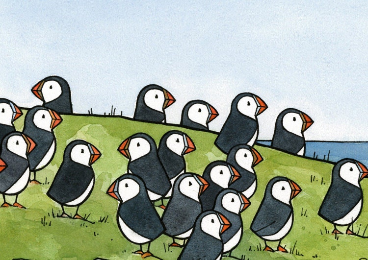Puffin Colony Watercolor Illustration Print 5x7