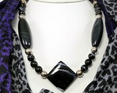 Black White Necklace Sterling Silver Chunky