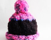 Baby Hat Photo Prop Thick Chunky Premium Hand Spun Merino Wool, Hot Pink Black Pom Pom