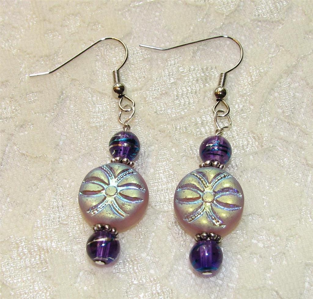 Purple and Pink Glass Silver Pierced Dangle Earrings