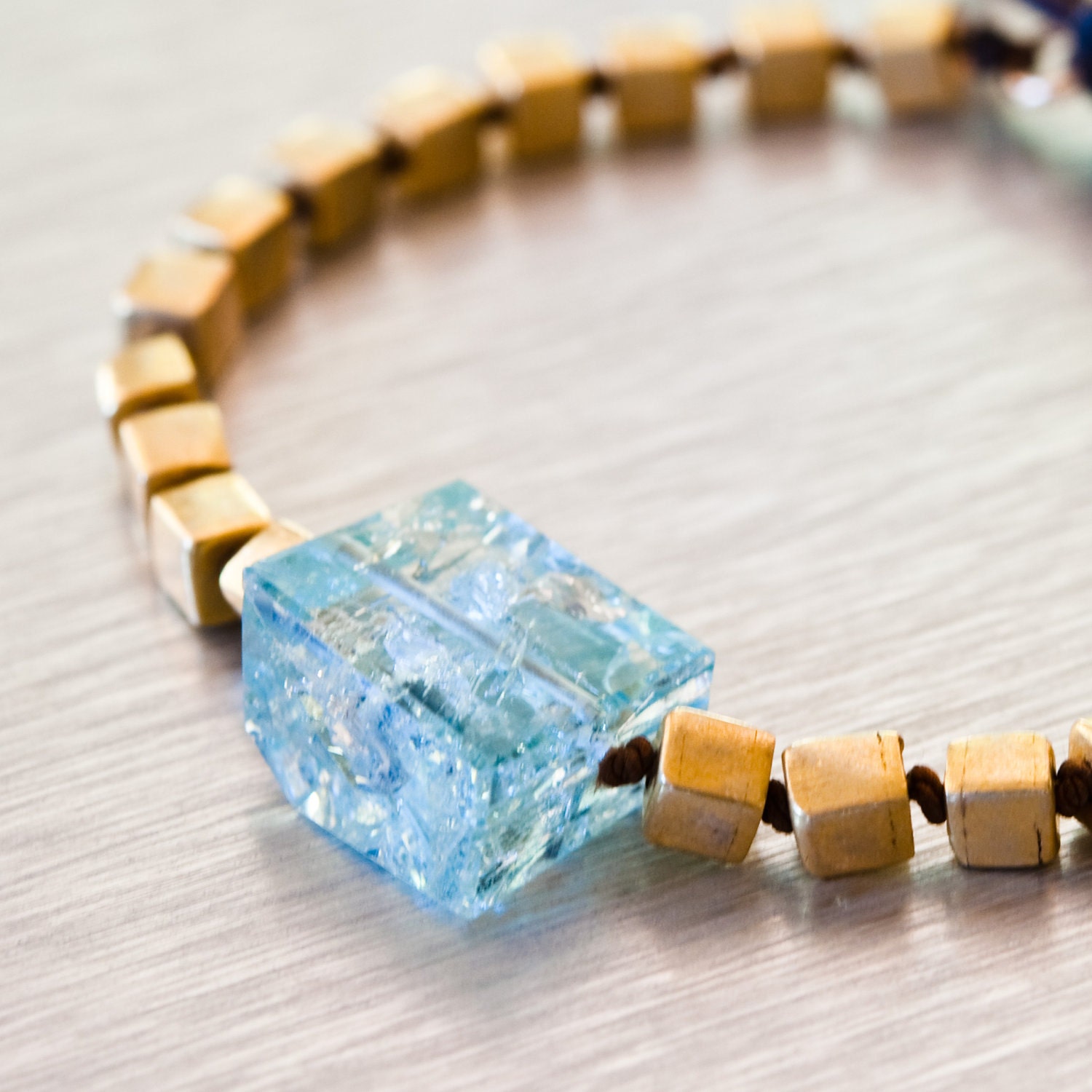 Icy Blue Aquamarine and Gold Bracelet, Hand Knotted Macrame - Ocean Jewelry