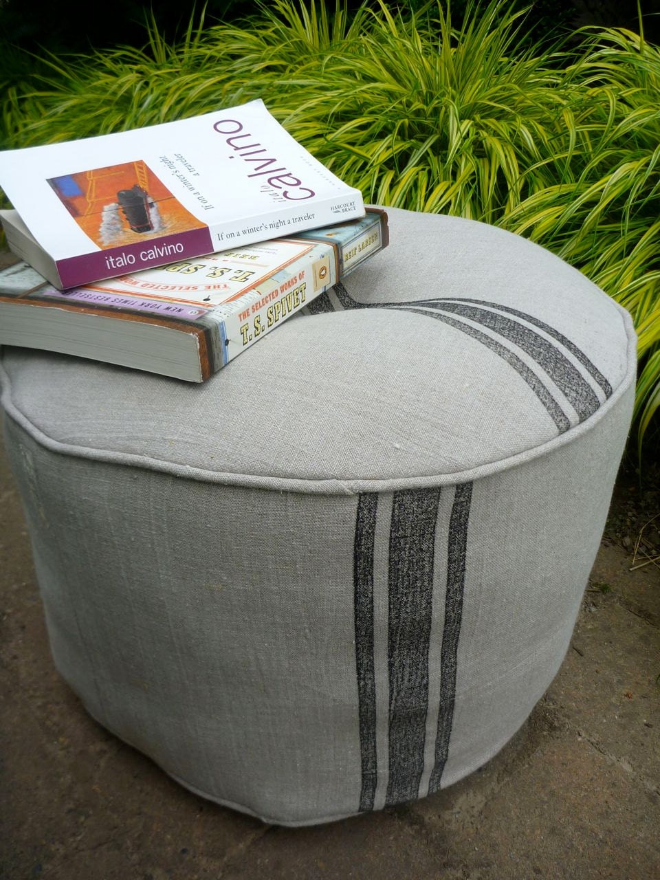 pouffe/pouf cushion hassock ottoman linen burlap block print stripes (toast with graphite stripes no.1) SALE