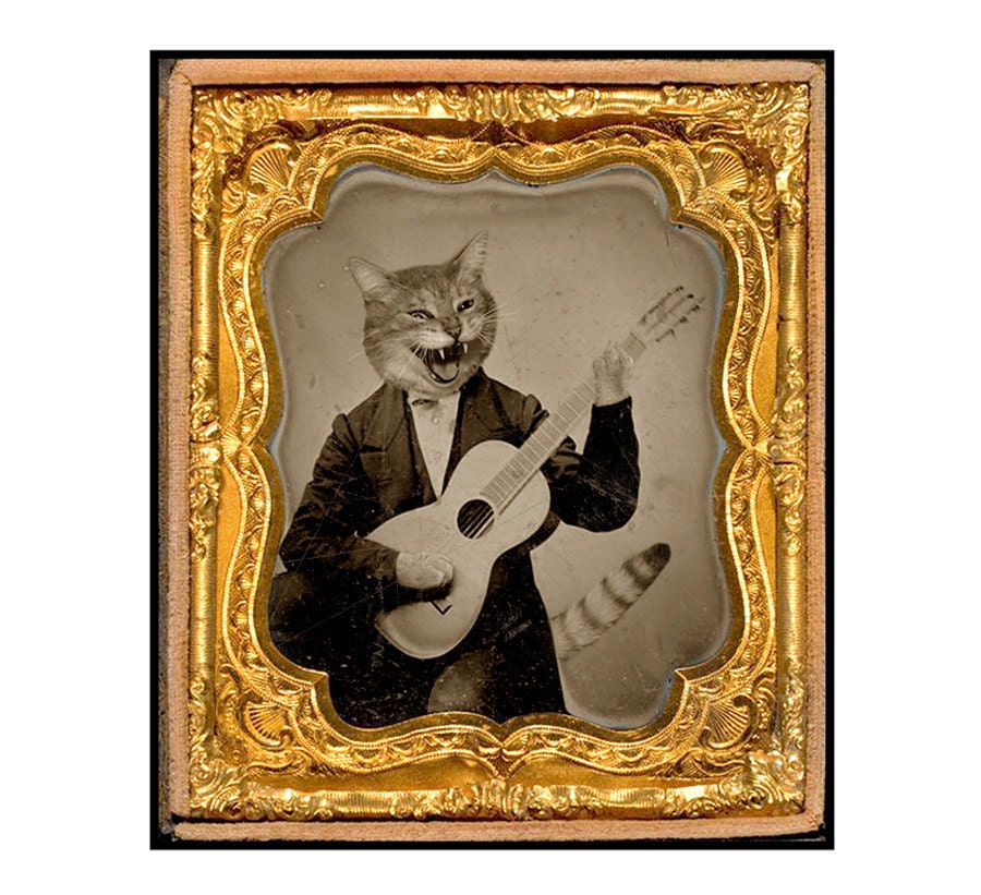 SET OF 4 - The Minstrel - for the Cat Lover - Altered Ambrotype - Greeting Card Blank Inside