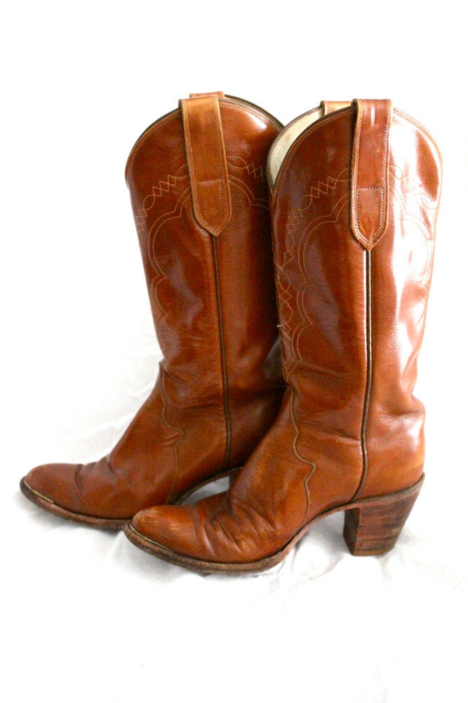 Vintage 70's Tony Lama Black Label Toffee Brown Leather Boots Sz 6A - Knee High with Stacked Heel