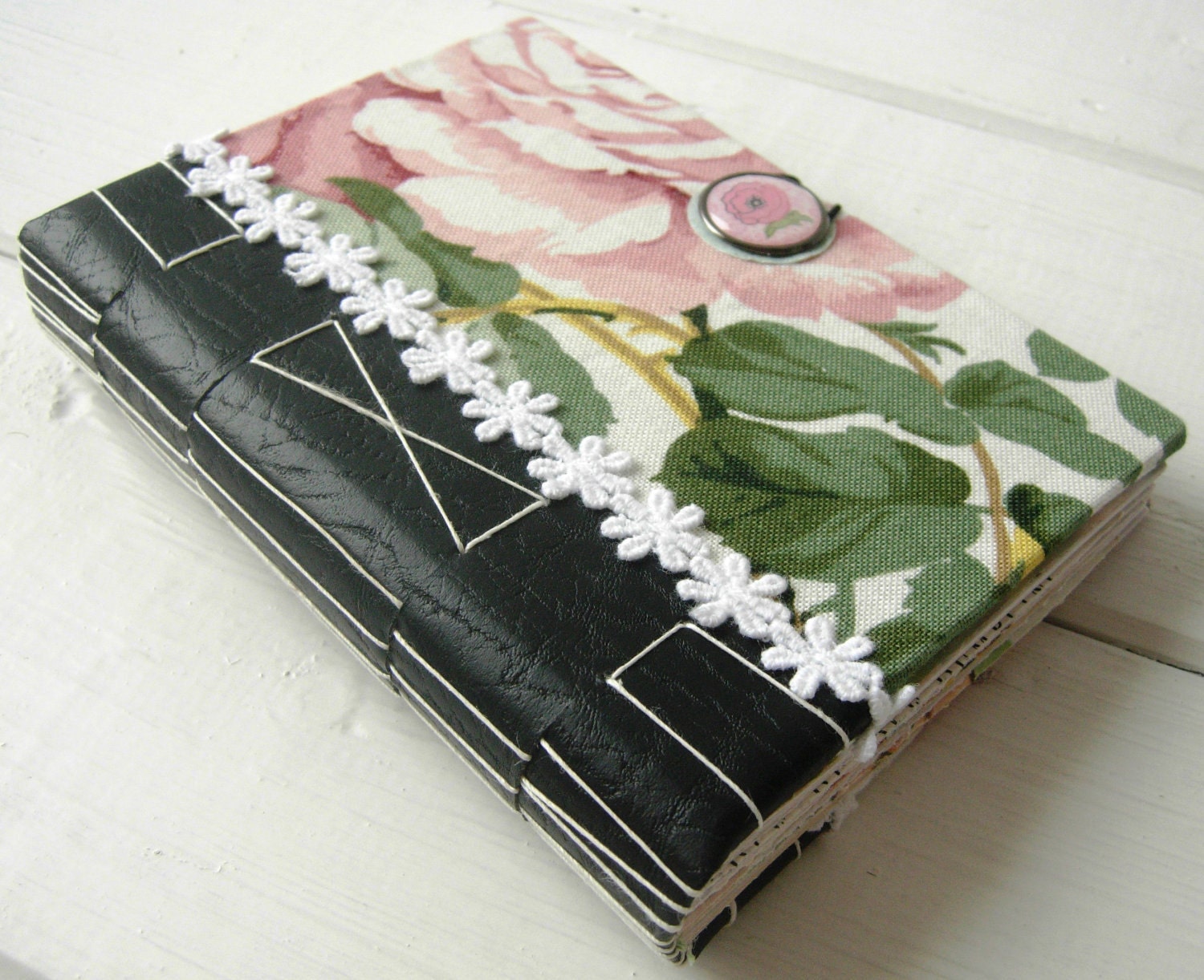 Rose & Leather, Cross Stitched Ephemera Journal