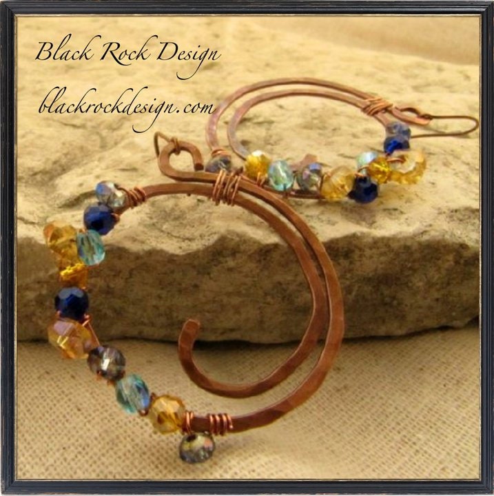 Hammered Copper Hoop Earrings with Crystals "Pollyanna"