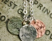 Mom Name Necklace - Stamped and Hammered Sterling, Copper, and Brass - 1/2 inch Personalized
