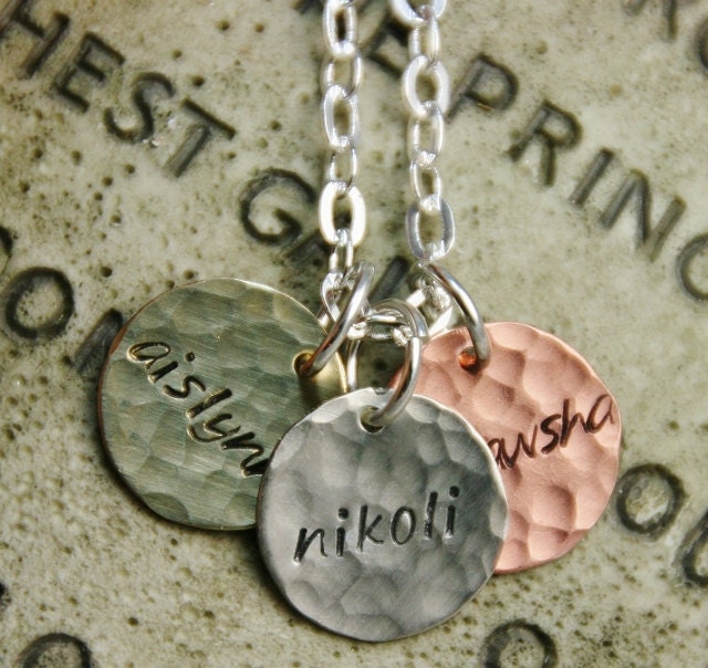 Mom Name Necklace - Stamped and Hammered Sterling, Copper, and Brass - 1/2 inch Personalized