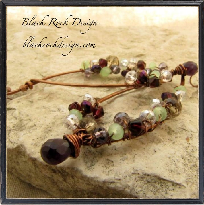 Reserved for Greenwildflower. Hammered Copper Hoop Earrings with Crystals "Nessie"