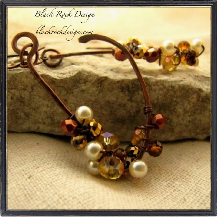 Hammered Copper Hook Earrings with Pearls and Crystals "Night Out"