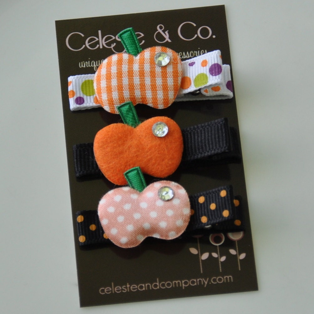 Halloween Hair Clips - Pumpkin Hair Clips - Toddler Hair Clips - Infant Hair Clips - 3-Pack Halloween Clippies with Pumpkins