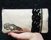 Danger Series No. 3 - Black and Ivory Fox Skull Cotton zipper pouch w/ lace