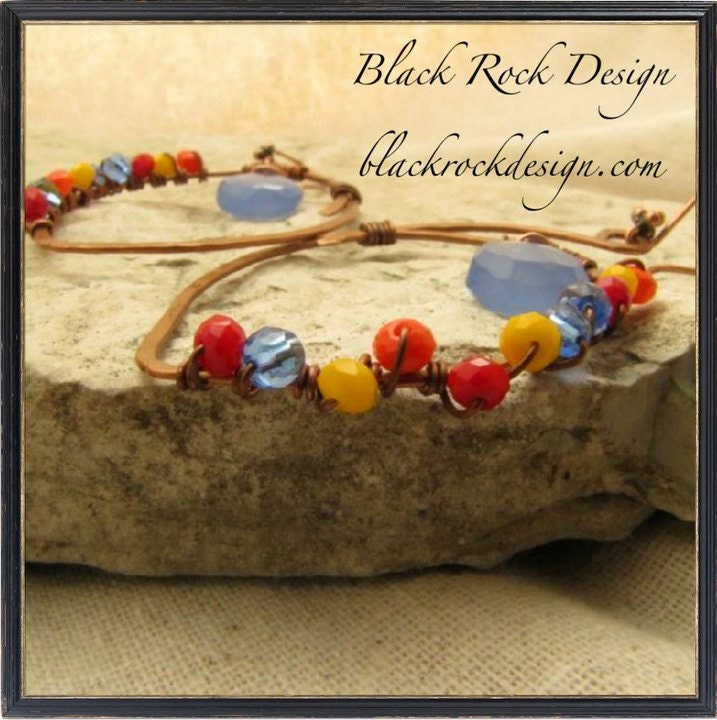 Blue Chalcedony Hammered Copper Teardrop Earrings with Crystals "Paradise"