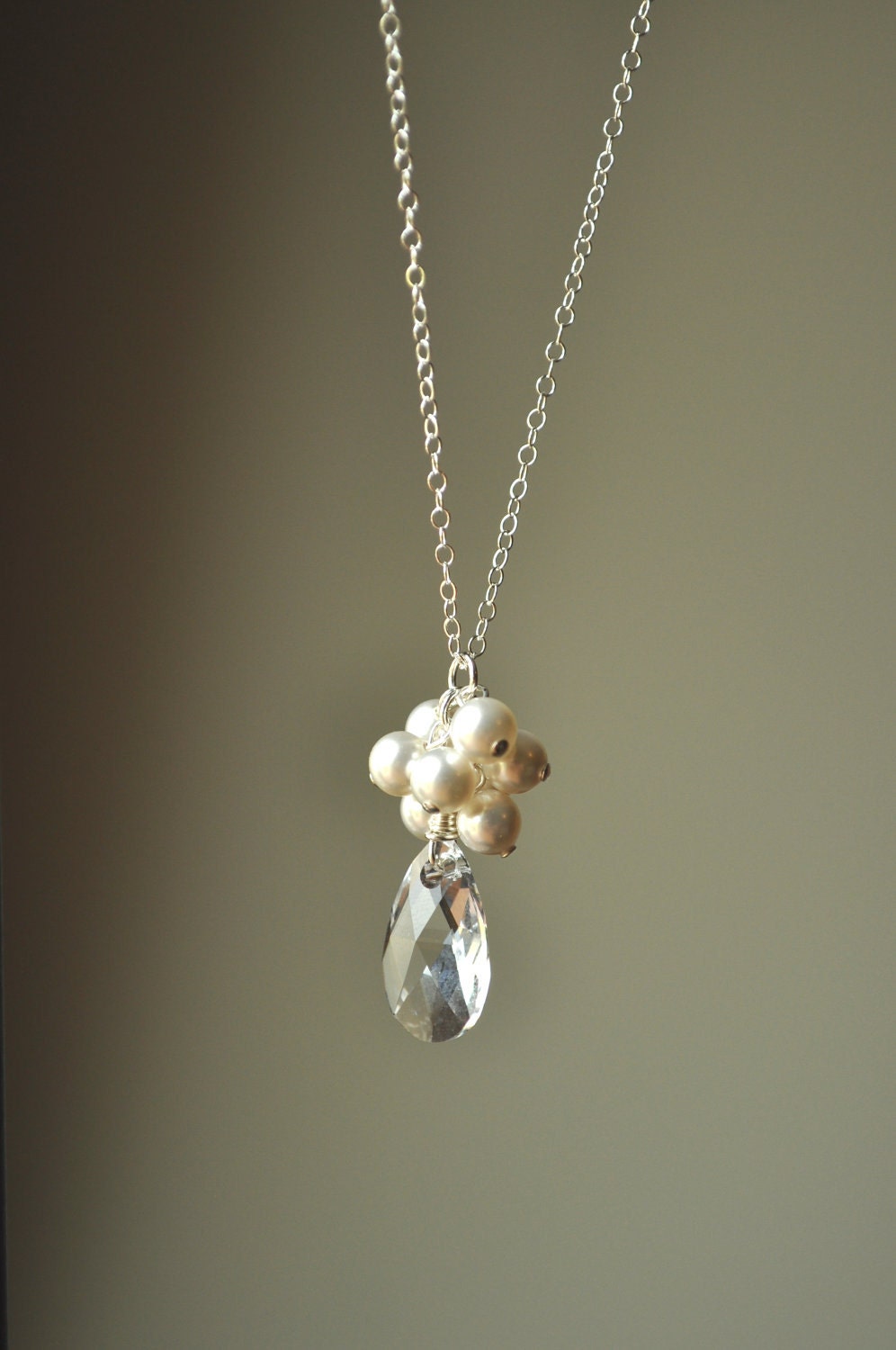 White pearl cluster Necklace - clear teardrop pendant sterling silver necklace - simple bridal wedding jewelry - adencreations