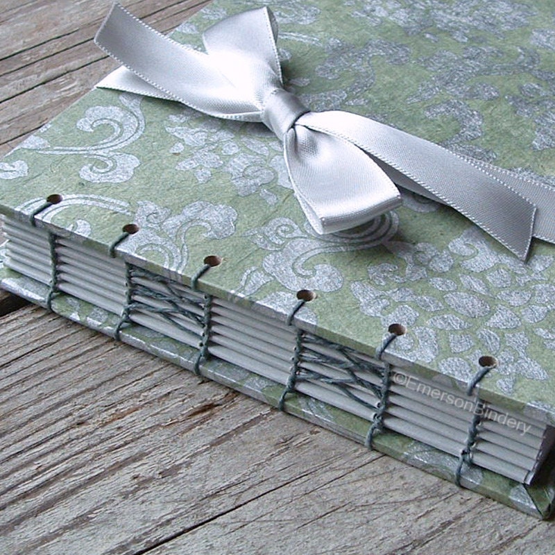Small Wedding Guest Book, Silver and Sage Green Lotus, SMALL 7x5, MADE to ORDER