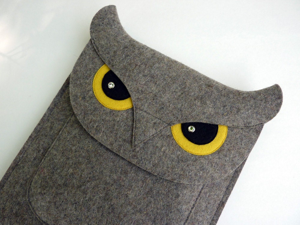 Owl iPad 2 sleeve - Gray felt - MADE TO ORDER