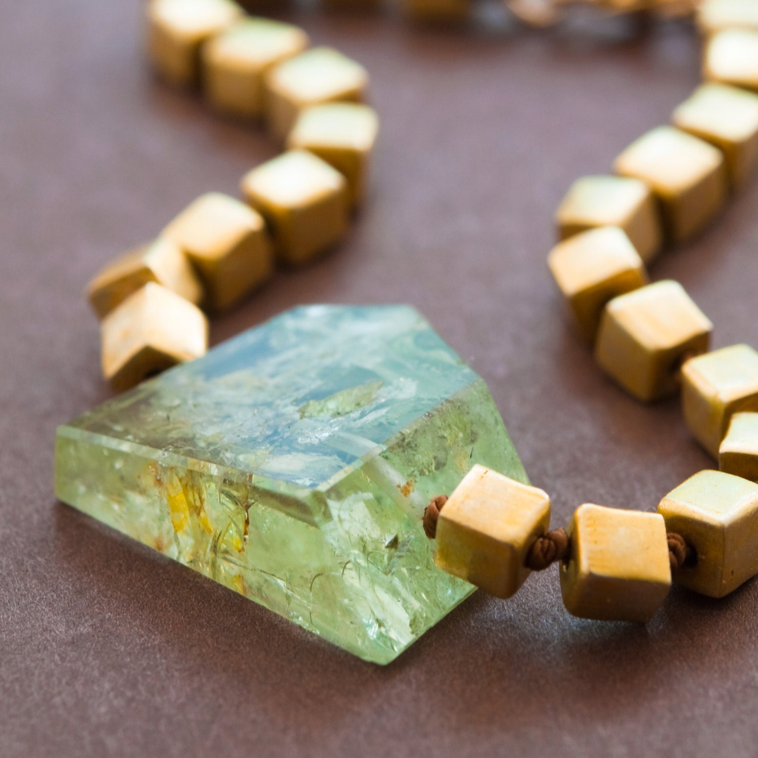 Green Aquamarine Gemstone Bracelet Hand Knotted Gold Bracelet