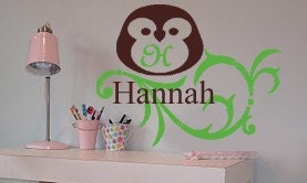 Cute Little Owl and Swirls Vine Monogram Personalized Vinyl Wall Lettering Decal
