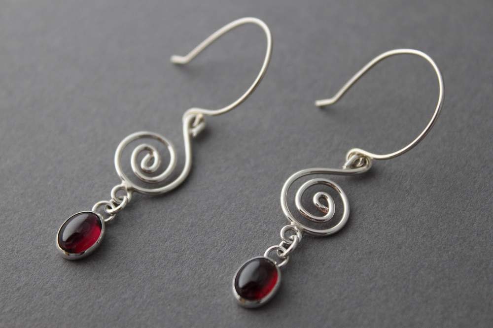 Handmade Sterling and Garnet Spiral Earrings OOAK