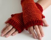 The Harlequin Wrist Warmers - Fitted Fingerless Mittens / Gloves in Dark Red and Burnt Orange