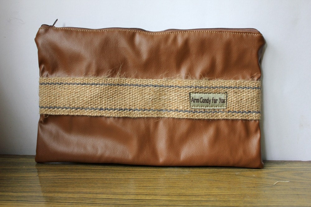 Mens Leather Clutch Russet with Burlap Vegan Zippered
