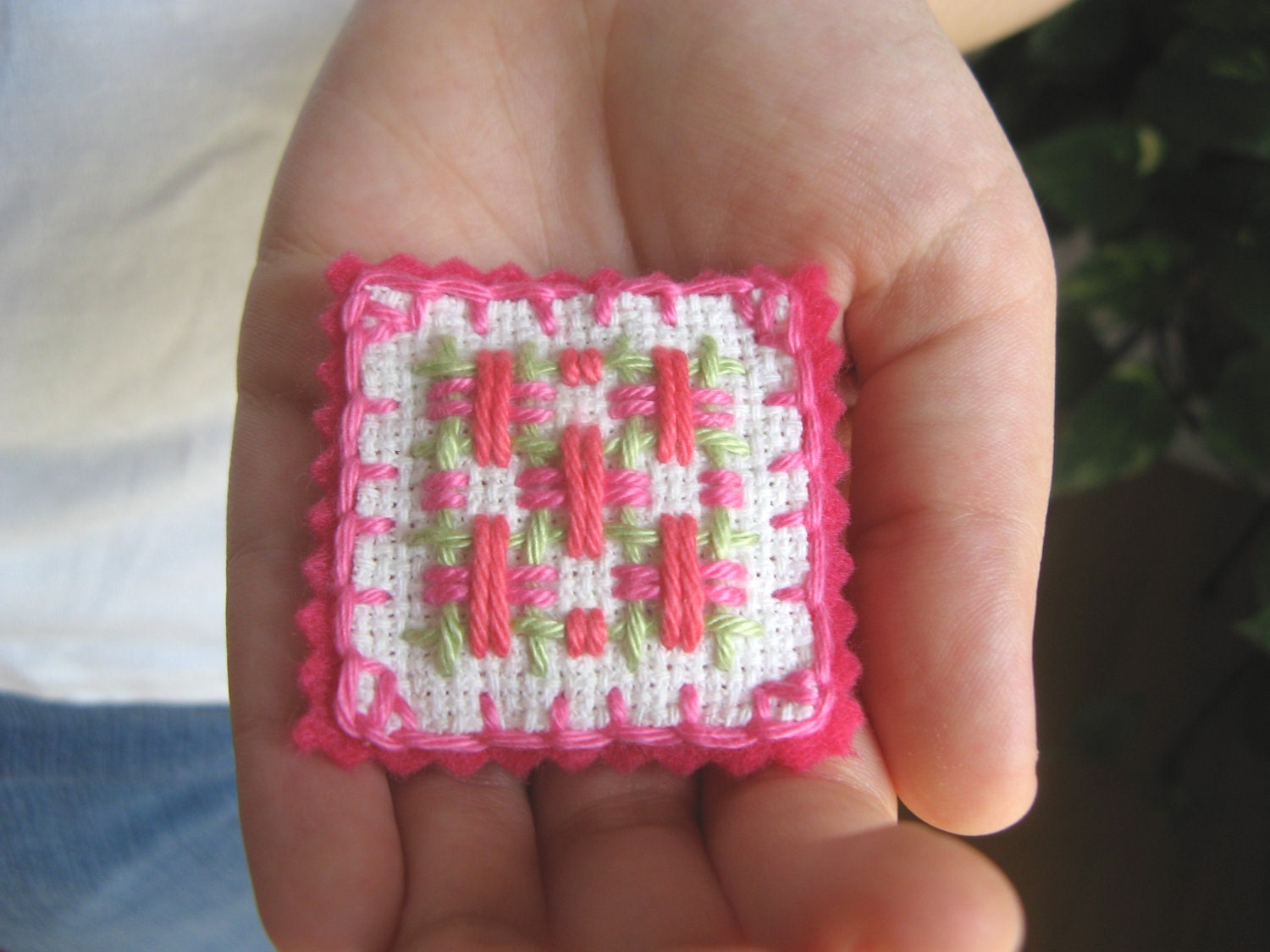 Embroidery Brooch Plaid Tartan Hand Stitched Pin Pink Coral Green