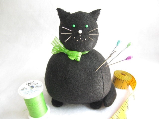 Black Cat Pincushion Roger Green Bow...MADE-TO-ORDER...