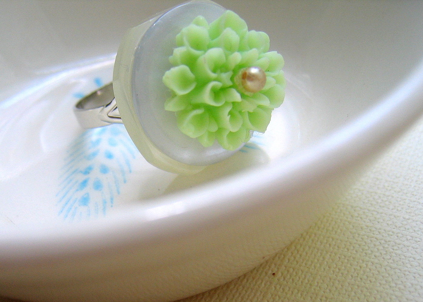 Chrysanthemum Ring in Lime Sorbet with Vintage Buttons