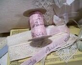 Vintage rayon seam binding ribbon -  custom printed Pretty Pink Paris and Crown printing