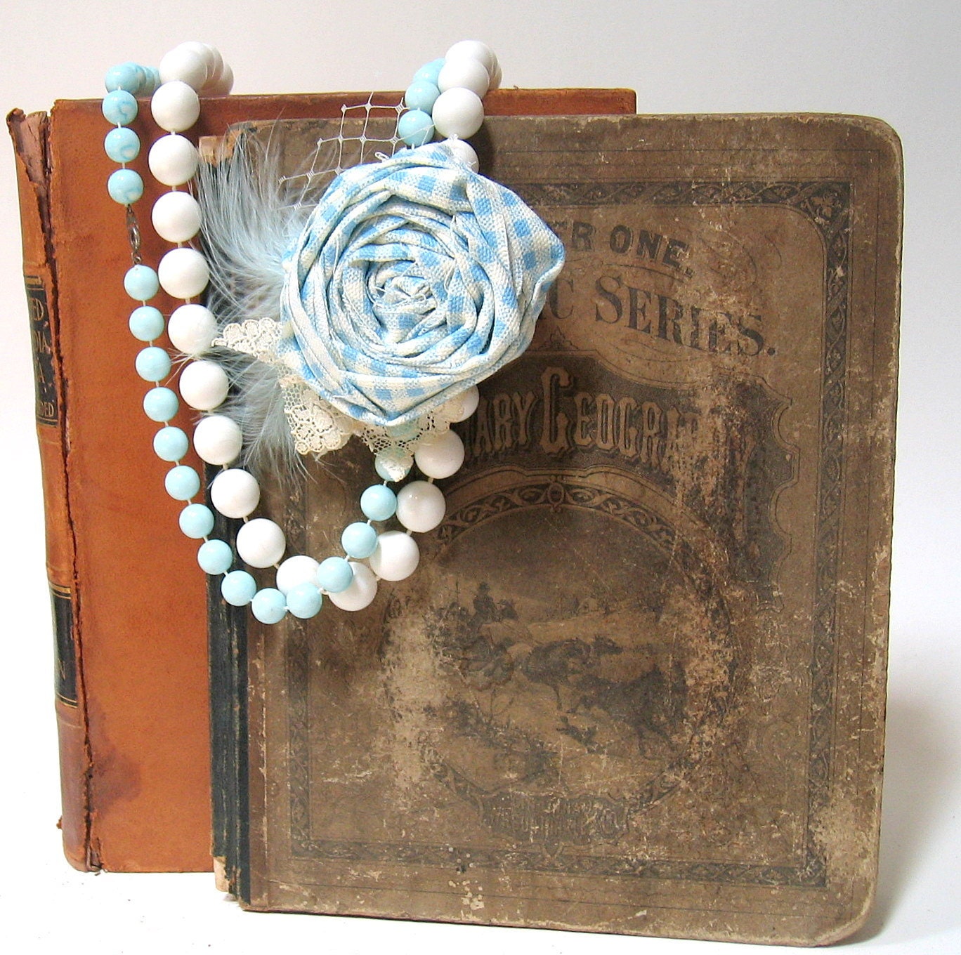 Vintage Bead Necklace Baby Blue and White with Shabby Rose