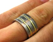 Titanium Wedding Band Plaid Rose & Green Gold