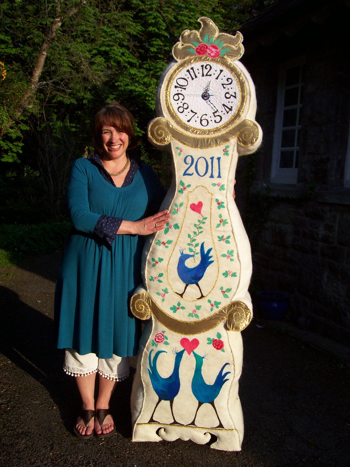 Rare eye-catching felted grandmother clock. Six-foot-four tall, fully functioning and cuddly