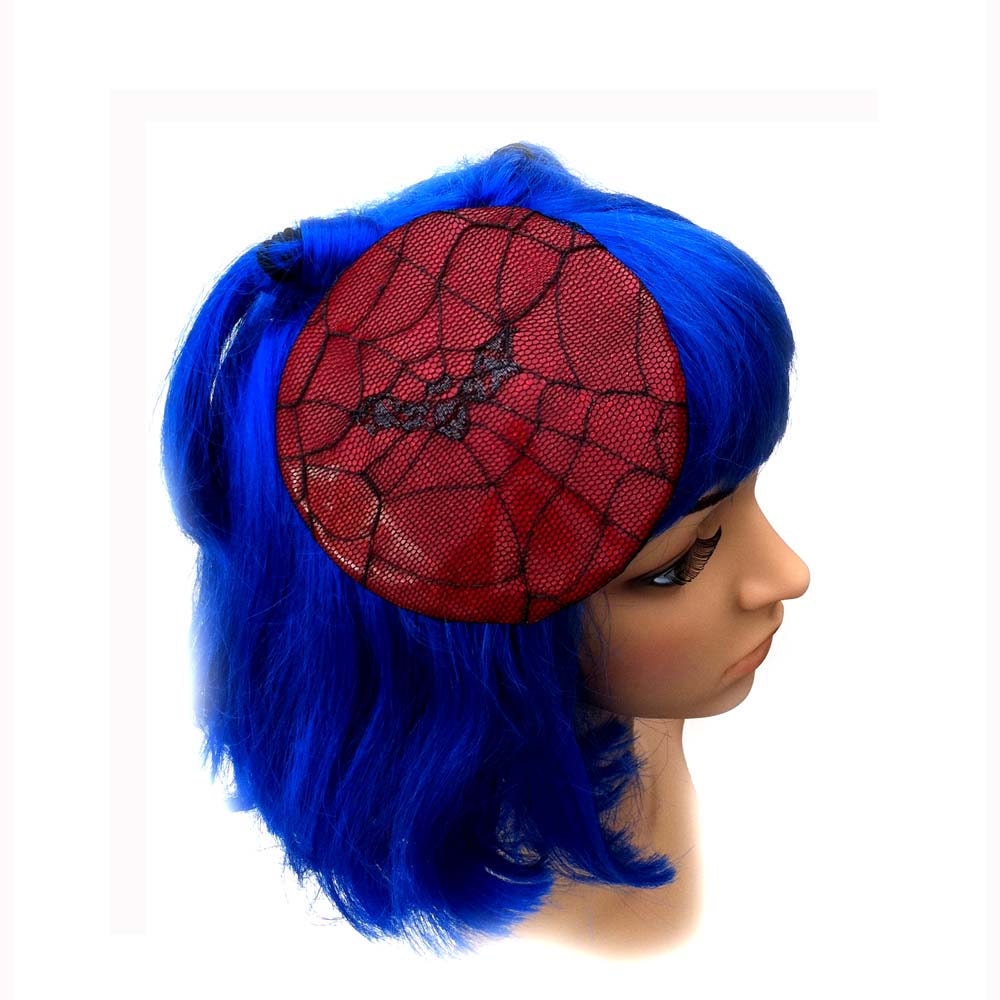 Red Vinyl Round fascinator with Net Spiderweb Bat Overlay