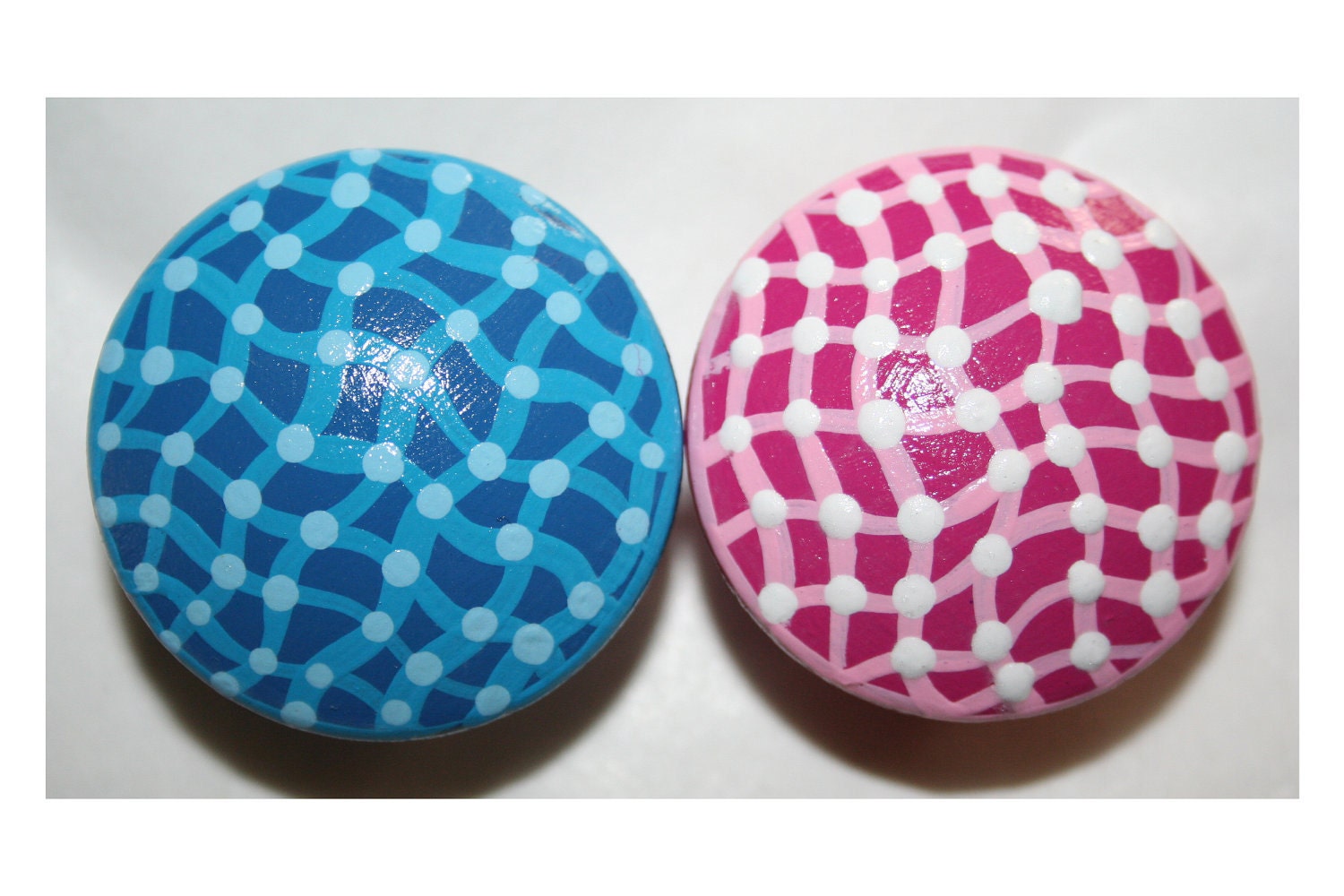 Blue and Pink Squigly Criss Cross Lines with White Polka Dots