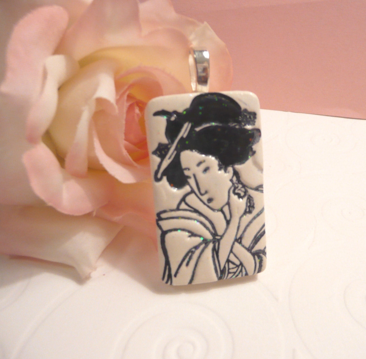 Geisha Face Pendant - Elegant Oriental Woman - handmade polymer clay jewelry